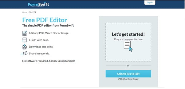 2. FormSwift Free PDF Editor